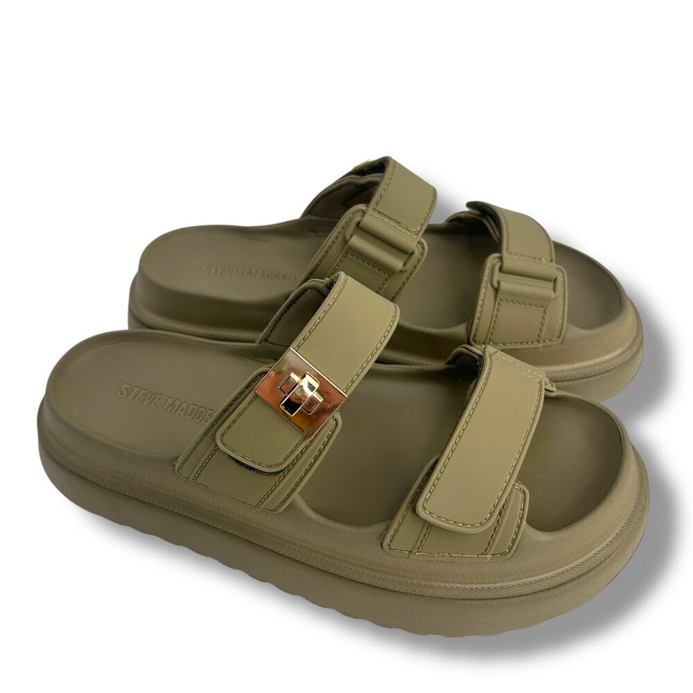 Steve Madden Bigschmona Platform Slide Sandals Size 8 Olive Green Flatform EUC - Picture 9 of 12